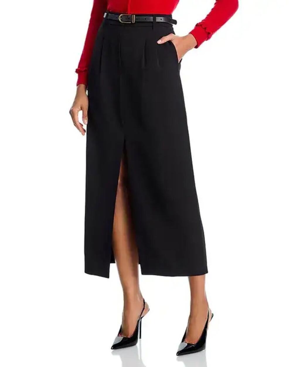 French Connection Women Black Harry Front Slit Midi Pleated Skirt Size US 2